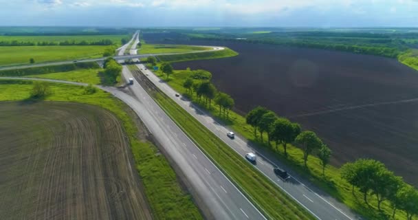 Road with cars top view. Highway outside the city, fields at the edges of the road — Stock Video