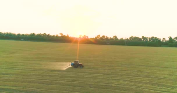Un tractor rocía trigo con herbicidas. El tractor rocía los campos de trigo. Rocía un campo con vista al trigo desde un dron — Vídeo de stock