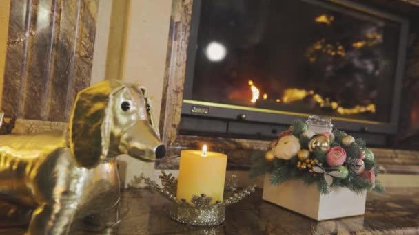 La leña arde en la chimenea. Interior de Año Nuevo con chimenea. Fuego en la chimenea. Hermosa chimenea con madera — Vídeo de stock