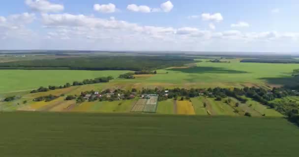 Agriculture vue aérienne. Ferme de l'air. Survolez un petit air à la campagne. Petite ferme à la campagne au coucher du soleil. — Video