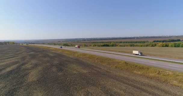 Lastbilen kör på vägen, fälten i bakgrunden. Lastbilen kör längs vägen mitt på åkrarna. — Stockvideo