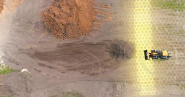Grafikleri olan bir inşaat alanında modern buldozer. İnşaat endüstrisindeki modern teknolojilerin görselleştirilmesi. Modern buldozer, modern teknoloji görselleştirme