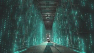 Fabrikada sabah bir adam depodan geçerken ışığı yanıyor. Üretimin dijitalleştirilmesi. Gelecekçi üretim konsepti.