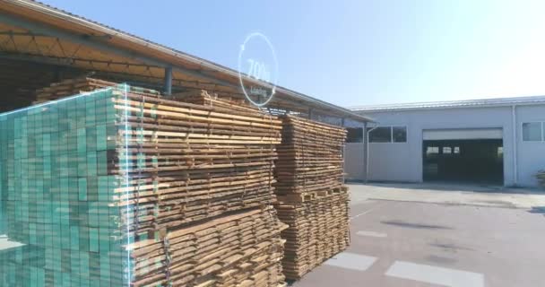 Сушка древесины на открытом воздухе под солнцем с инфографикой. Сушильный лес, естественно. удаление воды из древесины солнцем и ветром. Визуализация современных технологий на деревообрабатывающей фабрике — стоковое видео