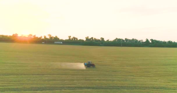 Spraying a field with wheat view from a drone. A tractor sprays wheat with herbicides. The tractor sprays the wheat fields. — Stock Video