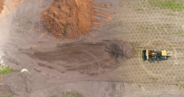 Grafikleri olan bir inşaat alanında modern buldozer. İnşaat endüstrisindeki modern teknolojilerin görselleştirilmesi. Modern buldozer, modern teknoloji görselleştirme
