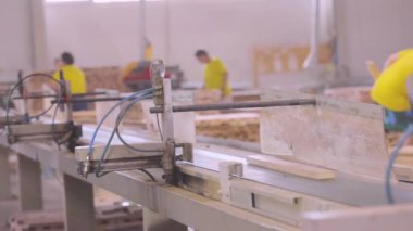 Mobilya fabrikasında çalışma süreci. İnsanlar bir mobilya fabrikasının taşıma bandında çalışıyor.