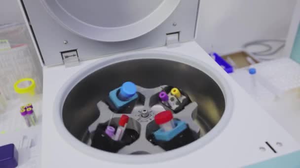 Rotation d'échantillons médicaux dans une centrifugeuse de laboratoire. Centrifugeuse de laboratoire. Opération de centrifugeuse médicale — Video