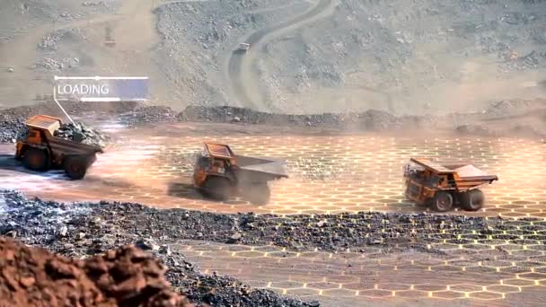 Tres camiones volquete mineros en un pozo abierto de mineral de hierro con infografías que muestran su plenitud. Minería de mineral de hierro. Cargado al cien por cien. Visualización de una cantera moderna. — Vídeos de Stock