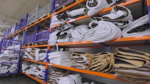 Gudang tekstil di pabrik garmen. Gudang perlengkapan di pabrik garmen. Rak dengan bahan di pabrik tekstil — Stok Video