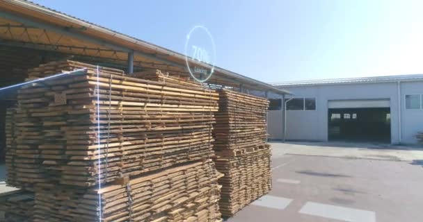 Visualización de tecnologías modernas en una fábrica de carpintería. Secar madera al aire libre bajo el sol con infografías. Secado de Madera Naturalmente. la eliminación del agua de la madera con el sol y el viento. — Vídeo de stock