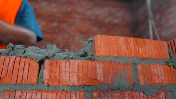 The process of building a brick wall. The builder is laying the bricks. — Stockvideo