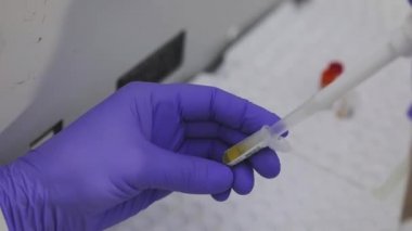 Bir sağlık çalışanının elleri. Bir tıp laboratuarında araştırmacıyım. Laboratuvarda test tüpleriyle yakın plan çekimde çalışıyorum.