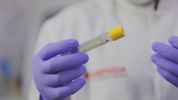 The laboratory assistant examines the test tubes close-up. Male laboratory assistant examines test tubes in the laboratory — стоковое видео