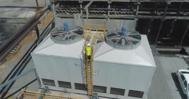 Modern cooling tower close-up. Modern industrial water cooling system. Industrial exterior — Stock Video