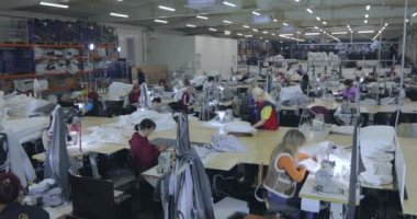 Büyük dikiş atölyesi. Bir giyim fabrikasında çalışma süreci. Birçok terzi bir giyim fabrikasında çalışır. Terziler fabrikada ürün yapar. Kumaş fabrikası