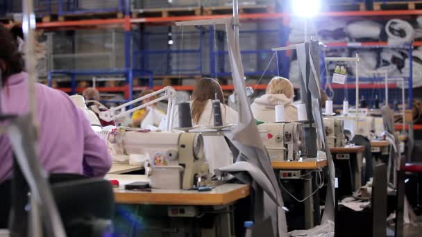 Frauen arbeiten in einer Näherei. Arbeitsprozess in einer Textilfabrik. Moderne Textilfabrik — Stockvideo