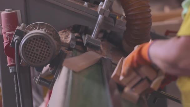 작업자는 작업을 위해 나무 블록을 기계에 싣는다. 가구 공장에서의 작업 흐름 — 비디오