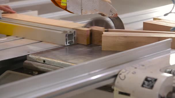 An automated machine saws a piece of wood. Automated sawing of wood logs. Automated line in furniture production — Stock Video