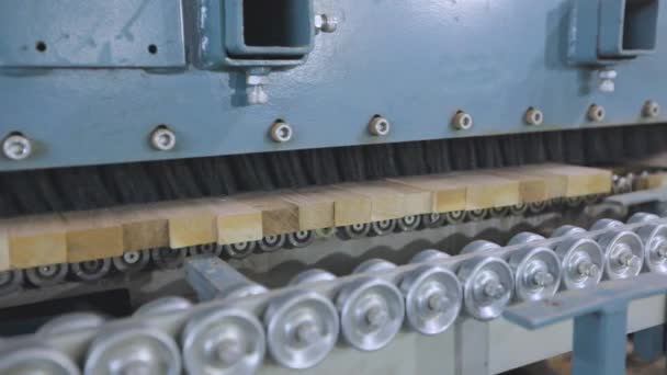 กระบวนการผลิตเฟอร์นิเจอร์บอร์ด สายพานลําเลียงอัตโนมัติที่โรงงานเฟอร์นิเจอร์ สายการผลิตอัตโนมัติที่โรงงานเฟอร์นิเจอร์ . — วีดีโอสต็อก
