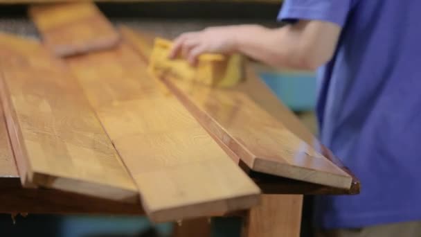 Lacquered furniture products at the factory. Furniture varnishing workshop. Inside a furniture factory — Stockvideo