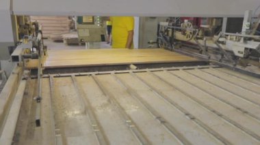 Mobilya üretim süreci. Mobilya fabrikasında otomatik taşıma bandı. Mobilya fabrikasında otomatikleştirilmiş üretim hattı.