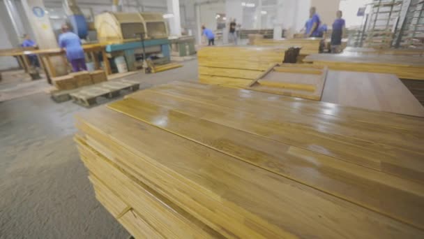 Gelakte meubelproducten in de fabriek. Werkplaats voor meubelvernis. Binnen een meubelfabriek — Stockvideo