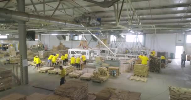 Mensen werken in de winkel. Workshop voor de productie van meubelplaten. Industrieel interieur. Werkplaats voor meubelproductie — Stockvideo