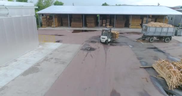 Forclift drives through a modern factory. Forklift carries timber through the factory. Wood warehouse at the factory. — Vídeo de Stock