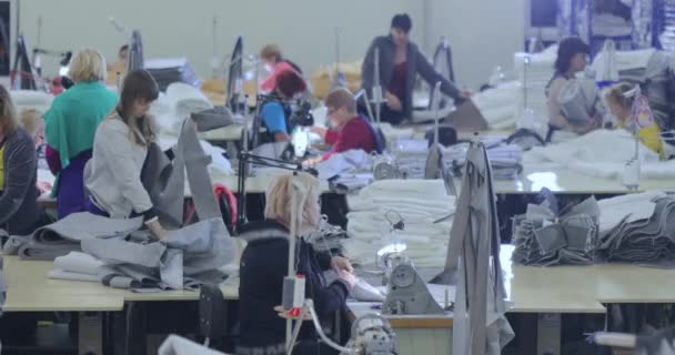 Proceso de trabajo en el taller de una fábrica de ropa. Trabajo en una fábrica de costura. Las costureras trabajan en una fábrica textil — Vídeo de stock