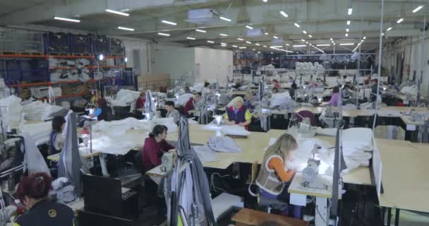 Muchas costureras trabajan en una fábrica de ropa. Proceso de trabajo en una fábrica de prendas de vestir. Gran taller de costura. Las costureras fabrican productos en una fábrica. Fábrica de ropa — Vídeos de Stock