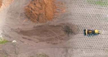 Grafikleri olan bir inşaat alanında modern buldozer. İnşaat endüstrisindeki modern teknolojilerin görselleştirilmesi. Modern buldozer, modern teknoloji görselleştirme