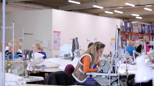 Proceso de trabajo en una fábrica textil. Las mujeres trabajan en un taller de costura. Fábrica textil moderna — Vídeo de stock