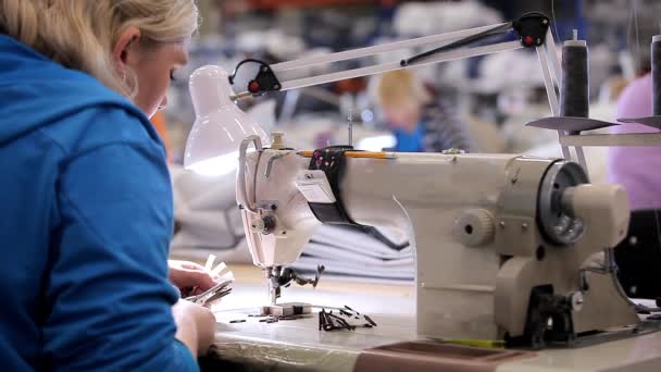 Eine Frau arbeitet in einer Bekleidungsfabrik. Eine Frau arbeitet an einer Nähmaschine. Herstellung von Textilien in einer Fabrik — Stockvideo