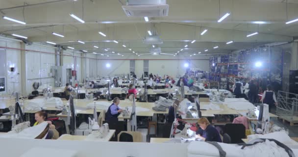 Mnoho švadleny pracují v oděvní továrně. Pracovní proces v továrně na oděvy. Velká šicí dílna. Švadleny vyrábějí výrobky v továrně. Továrna na oblečení — Stock video