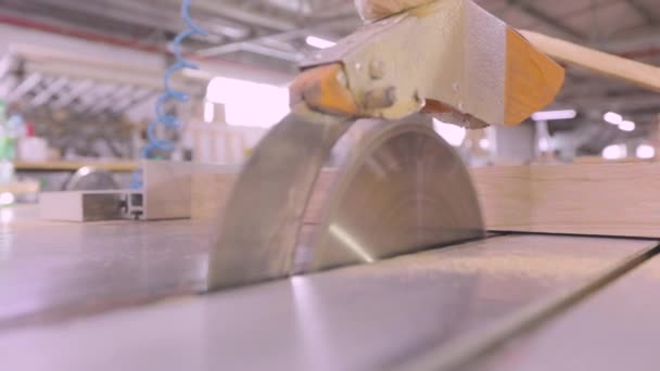 Automatiserad sågning av trästockar. En automatiserad maskin sågar en träbit. Automatiserad produktionslinje för möbler — Stockvideo