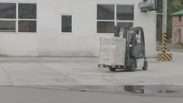 Vorkheftruck transporteert hout door de molen. De theorie van een houtbewerking fabriek, bovenaanzicht. Gespecialiseerde machines reizen over het grondgebied van de fabriek — Stockvideo