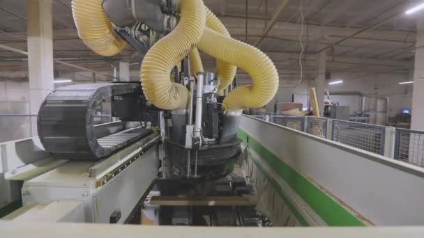 CNC träbearbetningsmaskin. Fräsning av en träskiva. Modern industriell utrustning. Automatiserad träsnidning — Stockvideo