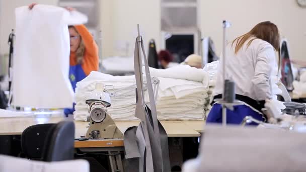 섬유 공장에서 일하고 있습니다. 여자들은 재봉 공장에서 일한다. 현대식 직물 공장 — 비디오