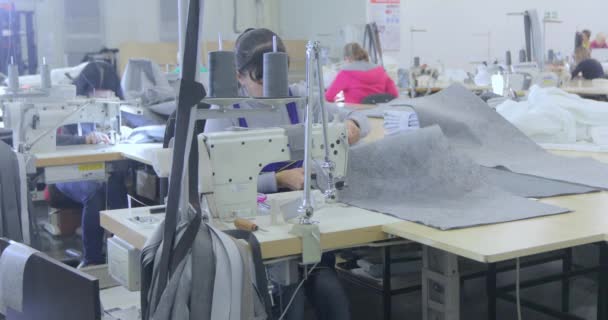 Trabajo en una fábrica de costura. Proceso de trabajo en el taller de una fábrica de ropa. Las costureras trabajan en una fábrica textil — Vídeo de stock