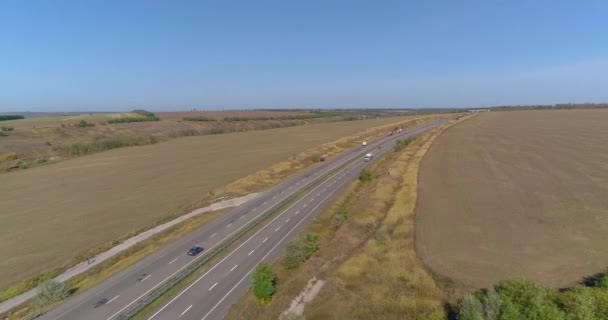 Un camion guida lungo una bella strada tra i campi vista dall'alto. Un camion merci sta guidando lungo l'autostrada. Vista da un drone. — Video Stock