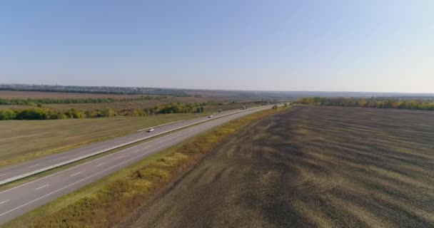 O caminhão dirige na estrada, campos no fundo. Transporte de mercadorias por caminhão. O caminhão dirige ao longo da estrada no meio dos campos agrícolas vista superior. — Vídeo de Stock