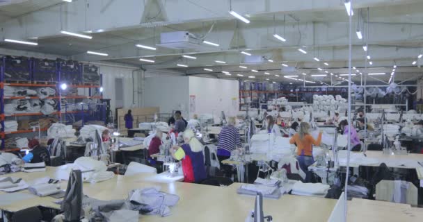 Proceso de trabajo en el taller de una fábrica de ropa. Trabajo en una fábrica de costura. Las costureras trabajan en una fábrica textil — Vídeo de stock