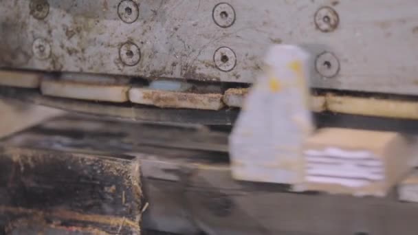 가구 공장의 자동 생산 라인. 기계는 나무 블록의 가장자리에 접착제를 퍼뜨린다. — 비디오