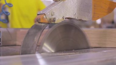 Otomatik ahşap testeresi. Otomatik bir makine bir tahta parçasını testereyle keser. Mobilya üretiminde otomatik hat