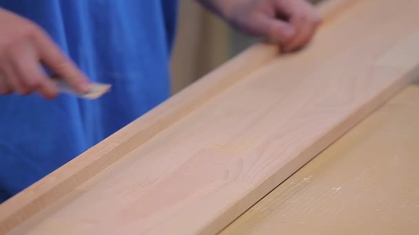 Καλύπτει παρατυπίες σε μια ξύλινη σανίδα. Διόρθωση ελαττωμάτων σε ξύλινη σανίδα. — Αρχείο Βίντεο