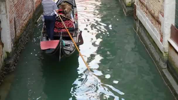Gondola con turisti in un bellissimo stretto canale di Venezia. Bellissimo canale veneziano. Gondolier guida i turisti Venezia, Italia. Luogo romantico Venezia — Video Stock