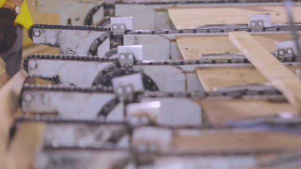 가구 보드 생산 과정. 가구 공장에서 자동화 된 컨베이어 벨트. 가구 공장에서의 자동 생산 라인. — 비디오