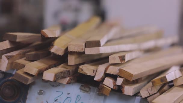 Blok kayu di conveyor close-up. Proses produksi papan perabotan. Jalur produksi otomatis di sebuah pabrik furnitur. — Stok Video