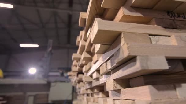 Beaucoup de morceaux de bois empilés ensemble. Entrepôt pour barres de bois équarries. Préparation de barres pour la création de panneaux de meubles. — Video